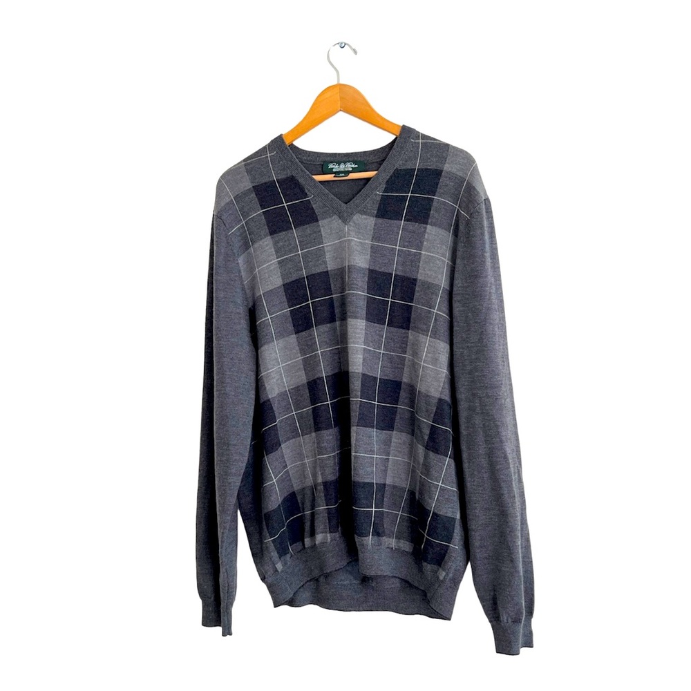 Brooks Brothers Merino Wool Grey And Black Plaid Country Club Men's Sweater XXL